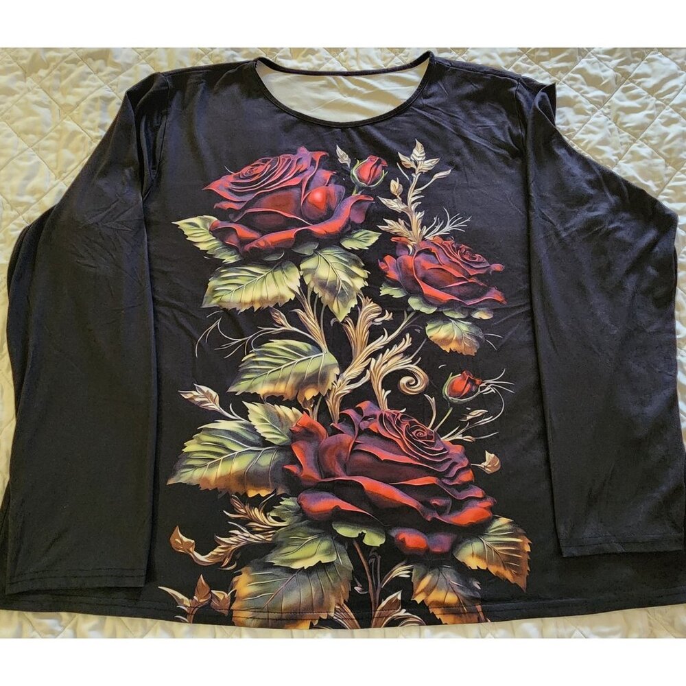 TEMU EXQUISITE FLORAL-PRINT BLACK STRETCH TOP